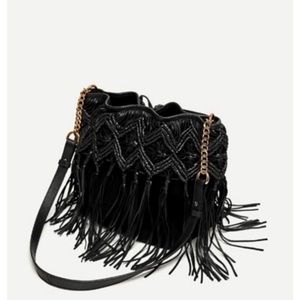 Zara black leather braided fringe bag